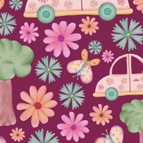 Cars, butterflies and flowers repeat pattern on pink - regular scale