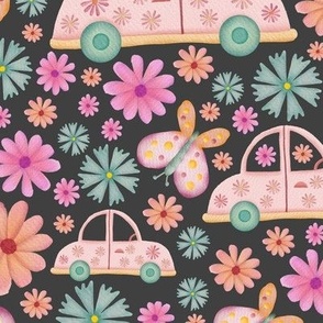 Cars, butterflies and flowers retro watercolor illustration on dark background - regular scale