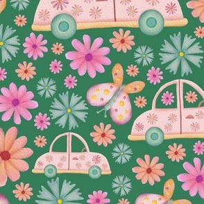 Cars, butterflies and flowers retro watercolor illustration on green background - regular scale