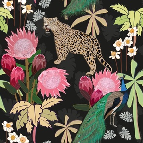 Tiger and peacock with tropical flowers pattern black