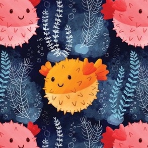 super cute blowfish,puffer fish pufferfish fabric,wallpaper medium scale WB23