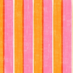 Large scale Loose Geometric offset layered 2 colour stripe / satsuma orange and sugar pink  / riso brights colourway