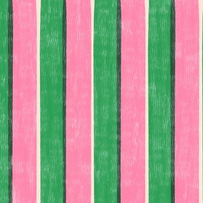 large scale Loose Geometric offset layered 2 colour stripe / bright kelly green and sugar pink  / riso brights colourway