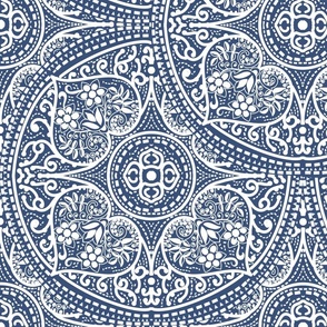 white vintage ornaments on a delft blue background -  large scale