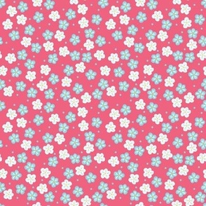Scattered blue and white flowers on pink