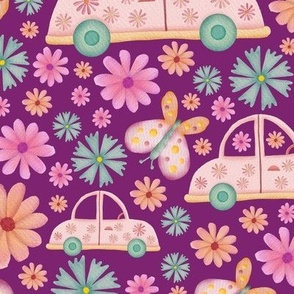 Cars, butterflies and flowers retro watercolor illustration on purple background - regular scale