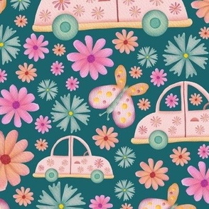 Cars, butterflies and flowers retro watercolor illustration on turquoise background - regular scale