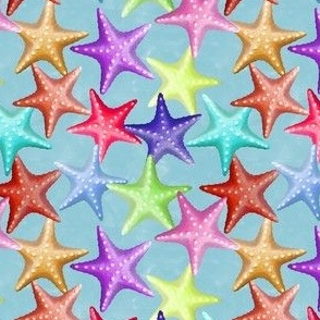 Multicolor Starfish Nautical Summer Beach on Blue