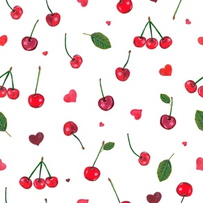 Cherries and cute red hearts watercolor hand painted pattern white