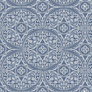 white vintage ornaments on a delft blue background -  medium scale