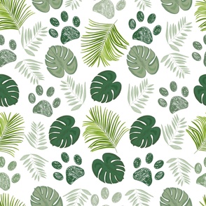 Paw print with palm leaves, monstera leaves nature wild pattern