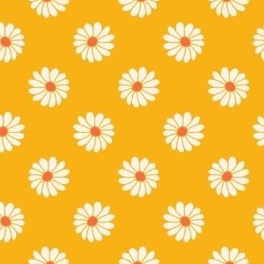 Midcentury 70s white daisies, diagonal grid on mustard yellow - kitchen, outdoor dining