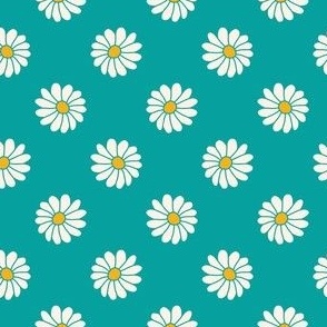 Midcentury 70s white daisies, diagonal grid on teal blue - kitchen, outdoor dining