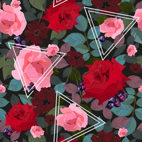 Triangles with vintage red pink roses and chocalate cosmos flower pattern