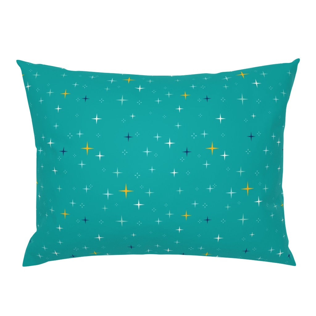 Multicolor midcentury ditsy stars on teal blue - bedding, curtains