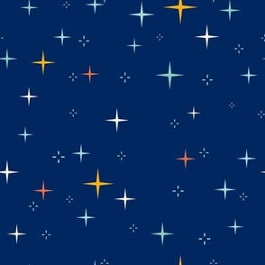 Multicolor midcentury ditsy stars on navy blue - bedding, curtains