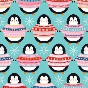 Christmas Penguins in Sweaters - Small  Scale - Winter Holiday Pink Sweaters Jumpers Bright Blue Background