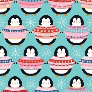 Christmas Penguins in Sweaters - Medium Scale - Winter Holiday Pink Sweaters Jumpers Bright Blue Background