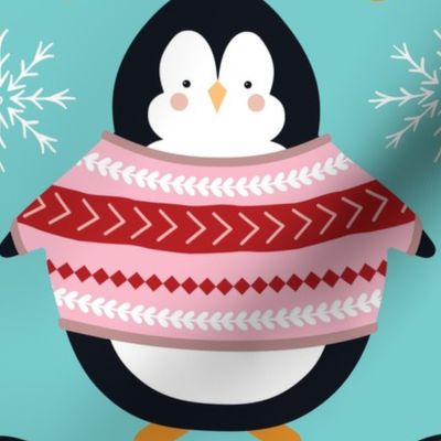 Christmas Penguins in Sweaters - Large Scale - Winter Holiday Pink Sweaters Jumpers Bright Blue Background