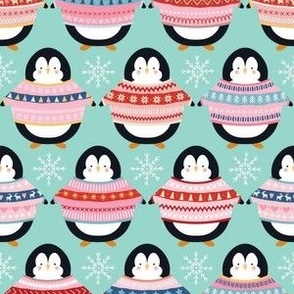 Christmas Penguins in Sweaters - Small Scale - Winter Holiday Pink Sweaters Jumpers light blue background