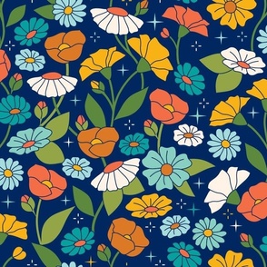 Colorful midcentury floral on navy blue, stars, carnations, daisies, poppies - kitchen, bathroom 