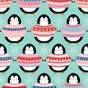 Christmas Penguins in Sweaters - Medium Scale - Winter Holiday Pink Sweaters Jumpers Light Blue