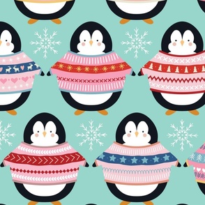 Christmas Penguins in Sweaters - Large Scale - Winter Holiday Pink Sweaters Jumpers Light Blue Background