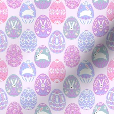 SMALL pastel easter egg fabric - sweet purple bunnies eggs daisy floral