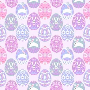 SMALL pastel easter egg fabric - sweet purple bunnies eggs daisy floral