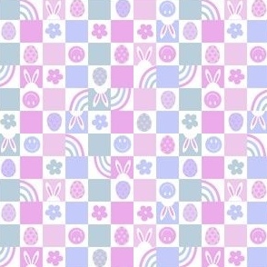 1/2" easter checkerboard fabric - cute pastel purple bunny sweet eggs