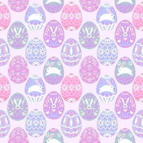 MEDIUM pastel easter egg fabric - sweet purple bunnies eggs daisy floral