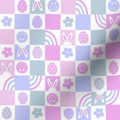 1" easter checkerboard fabric - cute pastel purple bunny sweet eggs