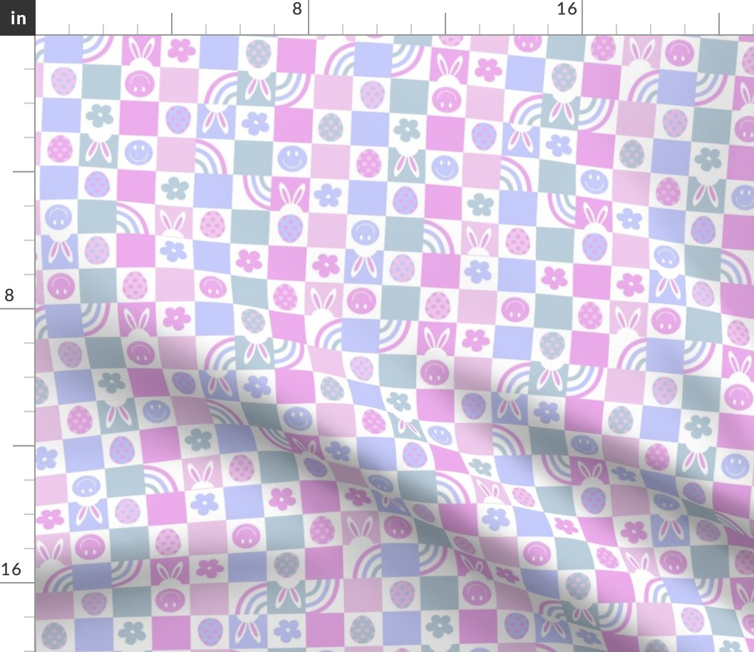 1" easter checkerboard fabric - cute pastel purple bunny sweet eggs