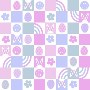 2" easter checkerboard fabric - cute pastel purple bunny sweet eggs