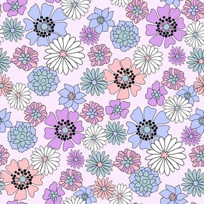 LARGE - retro easter florals fabric - pastel purple spring blossoms cute design