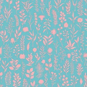 modern and classic  one-directional floral design with wild meadow,  botanical weeds, woodland branches, twigs, leaves,  berries flowers and  herbs in delicate soft blue and  pink pastel colors