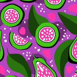 Guava tropical fruits and foliage, pink purple lilac  and green funky modern vibrant colorful bright dopamine exotic tropic fruit slices salad kitchen design, large scale