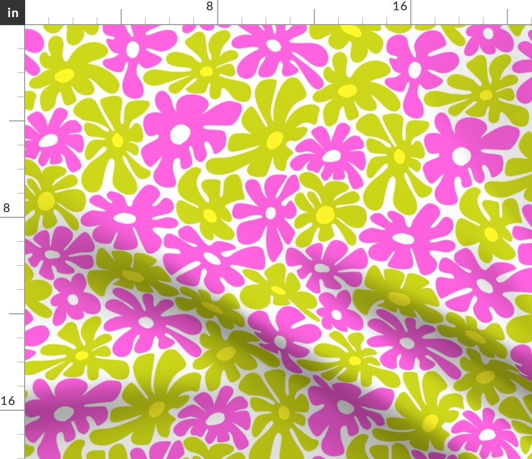 springtime blums, hot pink and green groovy psychedelic fancy trendy meadow abstract modern retro mid century flowers
