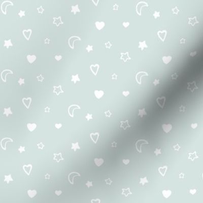 small-Moons and stars and hearts - white on azure light blue  - gender neutral girl or boy nursery