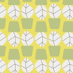 Modern Geometric Yellow and Celadon Green Potted Plants with Big White Leaves