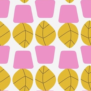 Modern Geometric Pink and Yellow Potted Plants with Big Leaves on a White background
