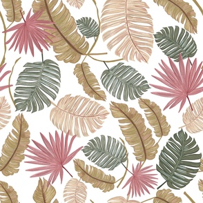 Nature color hand drawn tropical leaves pattern