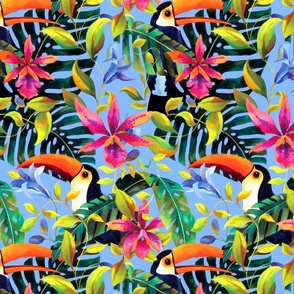 Tropical toucans seamless pattern summer blue