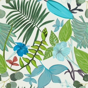 Hand drawn tropical leaves and hibiscus pattern cream background