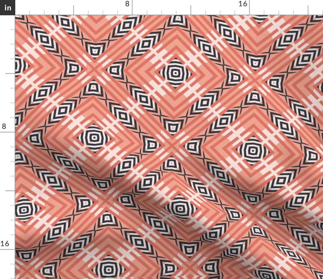Bold Aztec Style Plaid in Coral Pink, Rose Quartz and Navy
