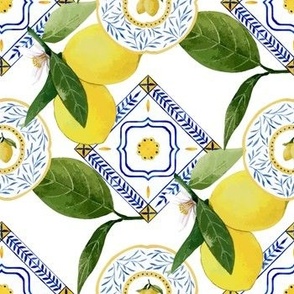 Lemons and Leaves Tiles in Saffron, Cobalt, and Green