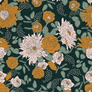 Ivy Floral bouquet on Forest Green - Mustard, pink flowers peonies with sage on deep green