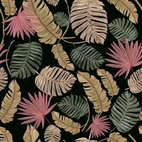 Nature color hand drawn tropical leaves pattern black background