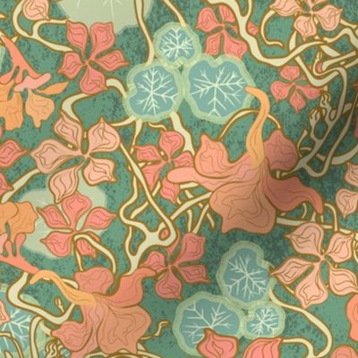 Small/Medium | Art Nouveau Nasturtium in Peach/coral pink against green teal textured background