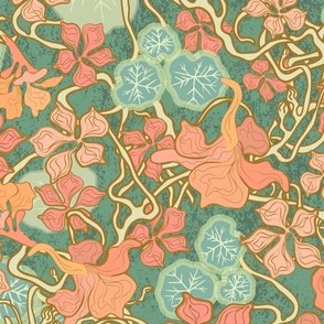 Jumbo | Art Nouveau Nasturtium in Peach/coral pink against green teal textured background